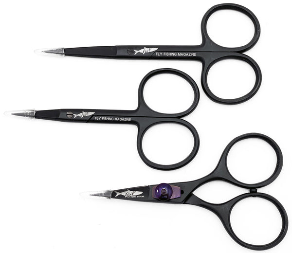 fly tying scissors - razor scissors by tail fly fishing magazine in black and purple